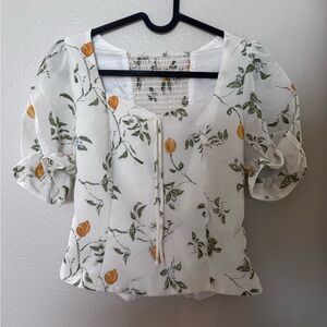 Chic Floral Puff Sleeve Blouse - White and Green